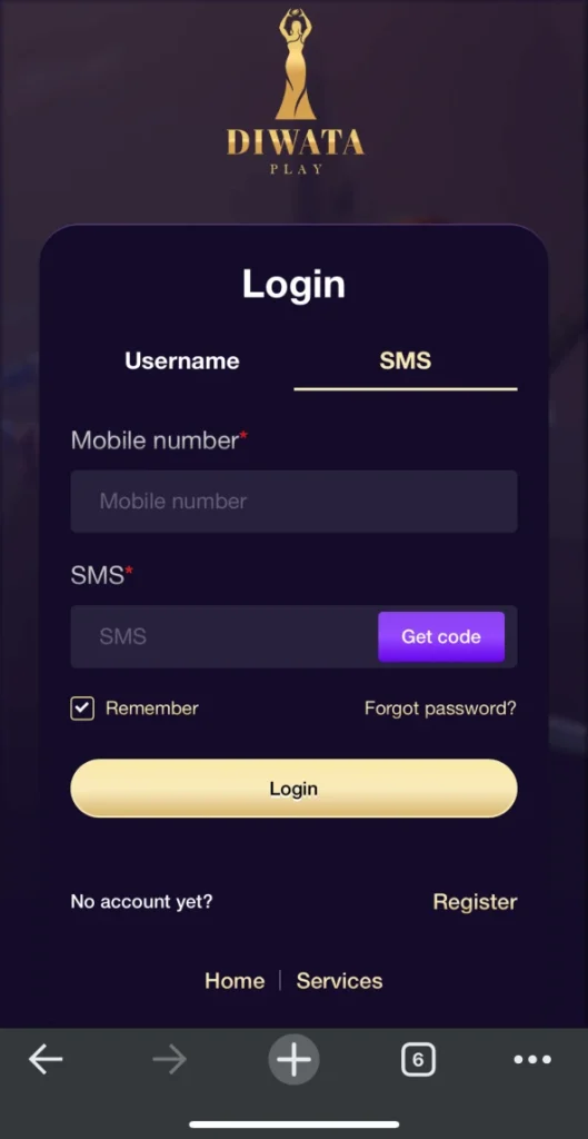 login diwataplay by mobile phone and SMS